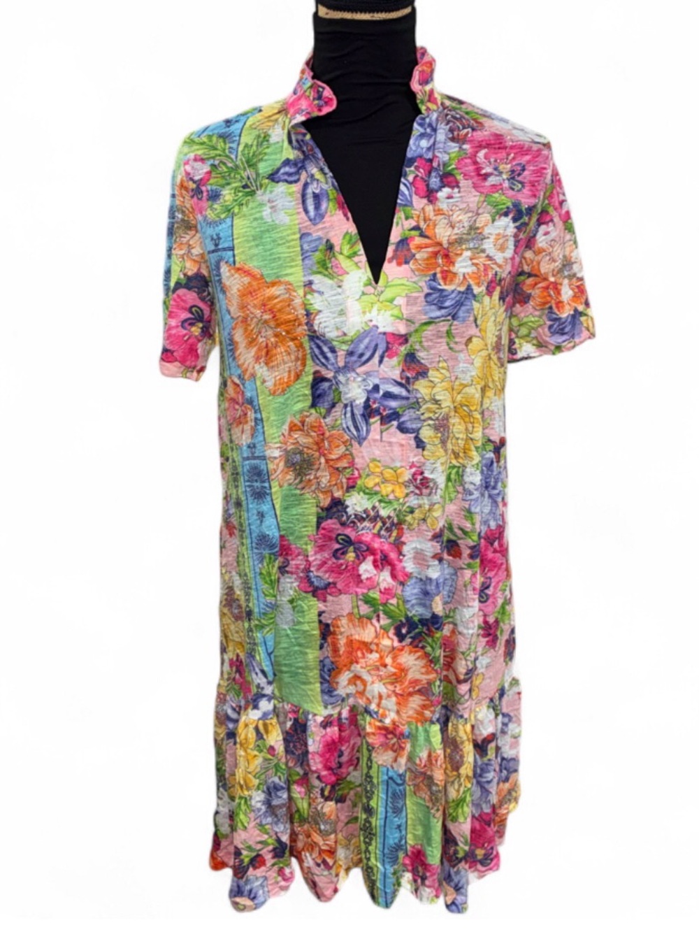 David Cline Floral Multicolor V-Neck Short Sleeve Dress